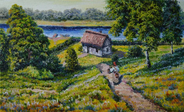 Oil painting.  Summer landscape with green birches and trees on the river bank, rural house woman in Ukrainian national dress. Fine art.