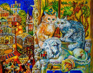                Yağlı boya. Penceredeki çiçeklerin arka planında iki kedi ve bir aslan ve büyülü bir gece şehri. Güzel sanatlar.                         