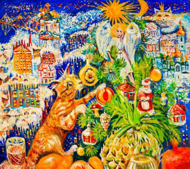       Yağlı boya. Kedi Noel ağacında bir Noel meleği görmüş. Güzel sanatlar. 