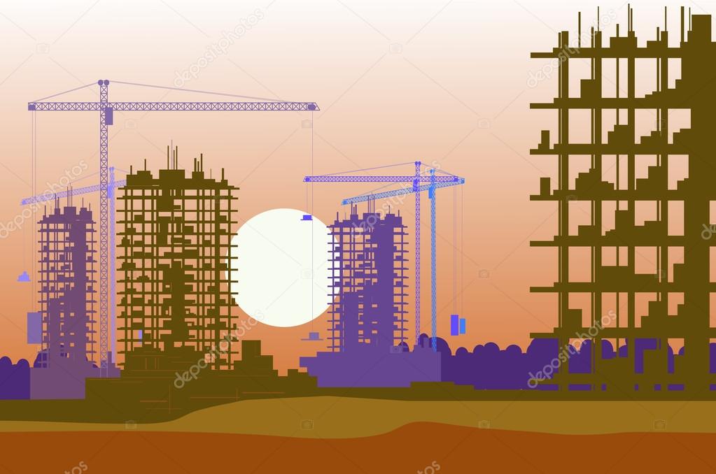Vector banner of construction site with cranes