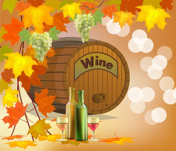 Baner z beczki, wino w butelkach i okulary — Wektor stockowy