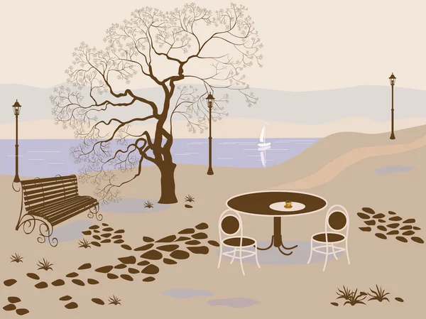 Café. Matin dans le parc près du lac — Image vectorielle