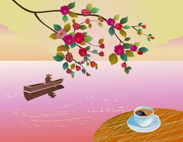 Banner taza de café por la mañana en primavera — Vector de stock