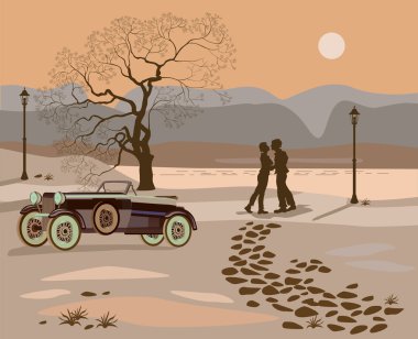 Kissing couple in the park at night vector