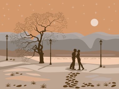 Kissing couple in the park at night vector