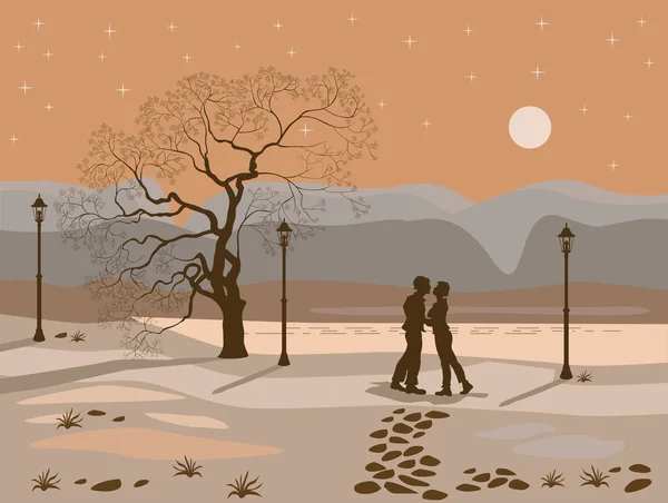 Embrasser couple dans le parc la nuit — Image vectorielle