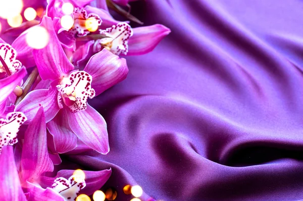 Violet silk and orchid flowers — Stock Photo, Image