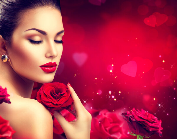 Beauty romantic woman with red rose flowers. Valentines day