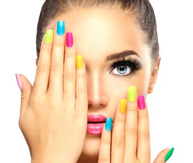 girl face with colorful nail polish. clipart