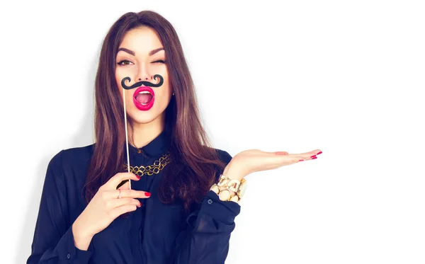 Menina segurando bigode engraçado — Fotografia de Stock