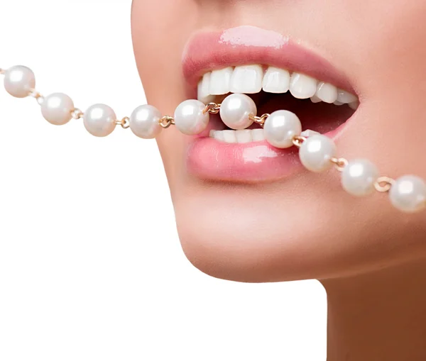 Woman smiles showing white teeth — Stock Photo, Image