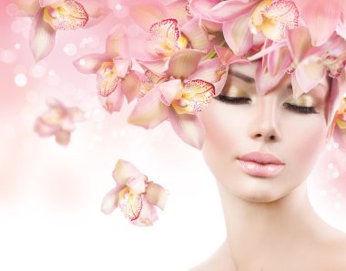 Girl with Orchid Flowers Hair clipart