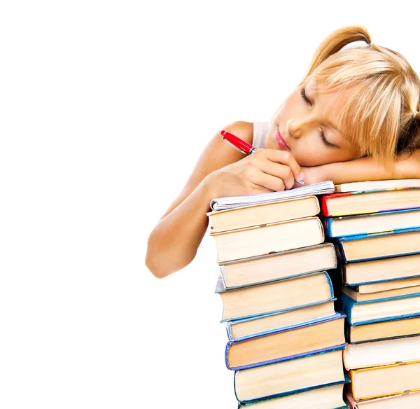 Studentessa dormire su libri . — Foto Stock