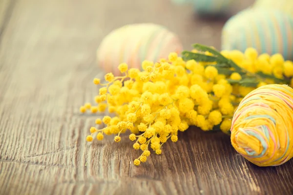 Pasen achtergrond met eieren en mimosa — Stockfoto