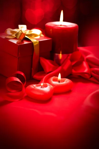 Valentine  hearts, candles and gift box — Stock Photo, Image