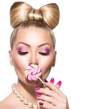 fashion model girl eating  lollipop clipart