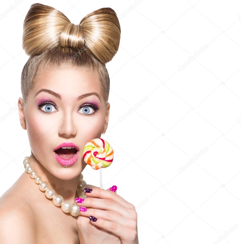 fashion model girl eating  lollipop