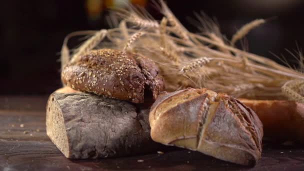 Bakery Bread on a Wooden Table — Stock Video