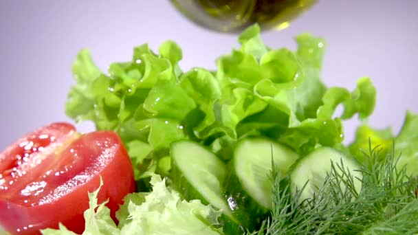 Versare olio d'oliva e insalata — Video Stock