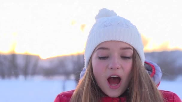 Girl having fun in winter park — Stock Video