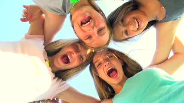 Freundschaftskonzept. Gruppe lächelnder Freunde bleibt zusammen — Stockvideo