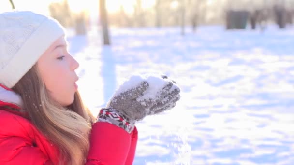 Девушка развлекается в зимнем парке — стоковое видео