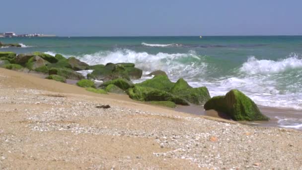 Mar Mediterráneo olas sobre playa de arena . — Vídeos de Stock