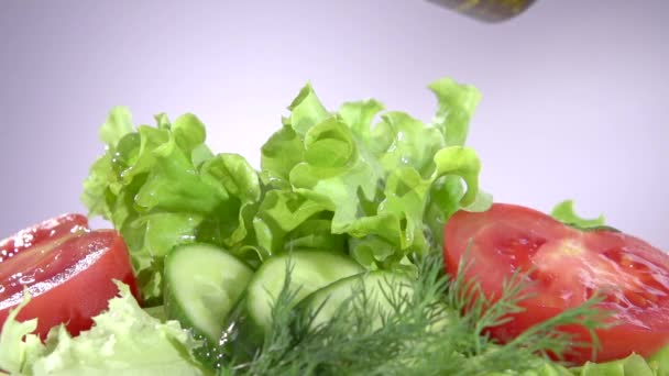 Здоровый овощной салат с оливками — стоковое видео