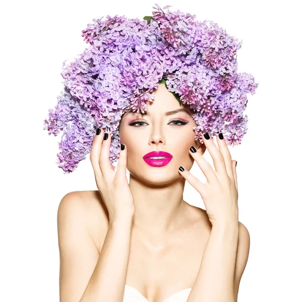 Girl with lilac flowers hairstyle — Stock Photo, Image