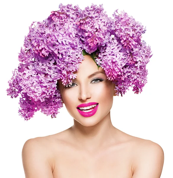 Girl with lilac flowers hairstyle — Stock Photo, Image