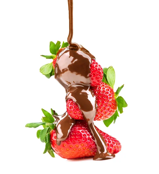 Melted chocolate pouring on strawberries — Stock Photo, Image