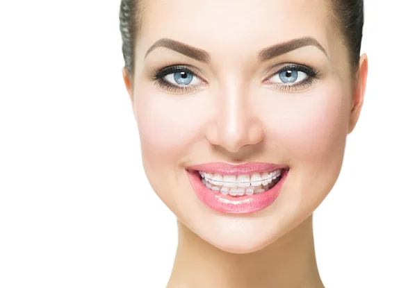 Woman with ceramic braces on teeth — Stock Photo, Image