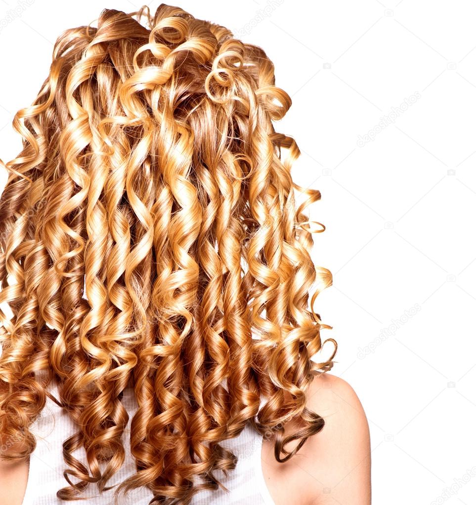 Beauty girl with blonde curly hair.