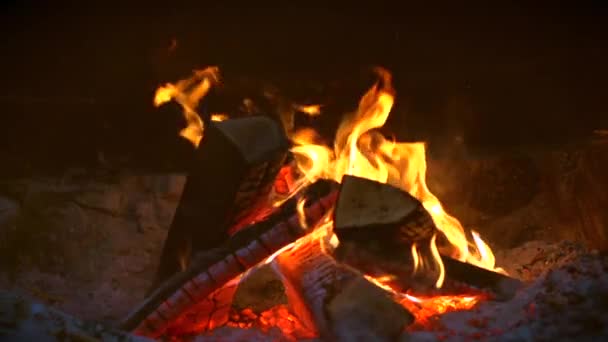 Fireplace. Fire. Bonfire burning at night — Stock Video