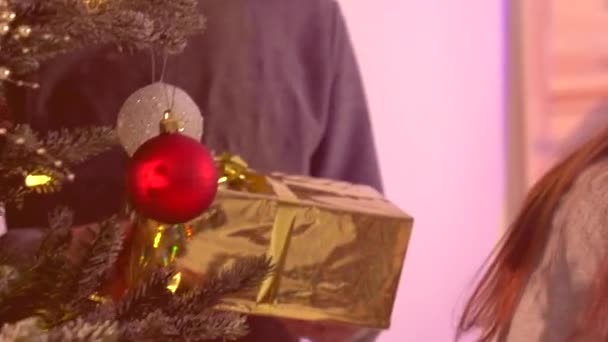 Pareja de Navidad con caja de regalo — Vídeos de Stock