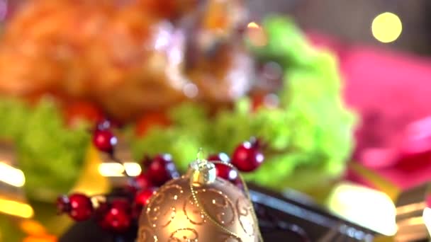 Holiday decorated table setting with turkey — Stock Video