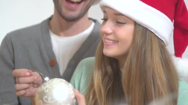 Feliz pareja decorando el árbol de Navidad — Vídeo de stock