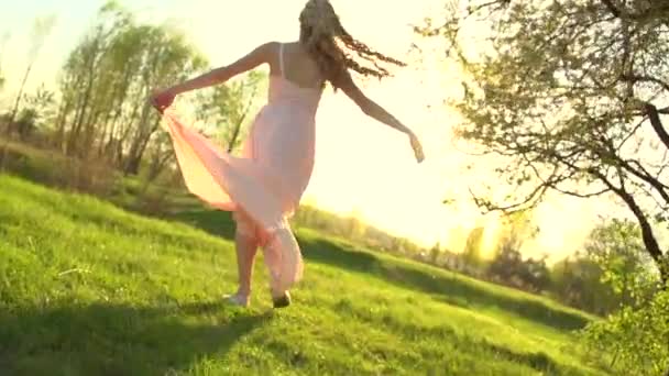 Chica en vestido en el campo — Vídeos de Stock