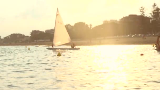 Kleines Boot, das von der Küste segelt — Stockvideo