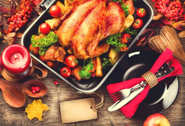 Thanksgiving dinner table served with turkey — Stock Photo, Image