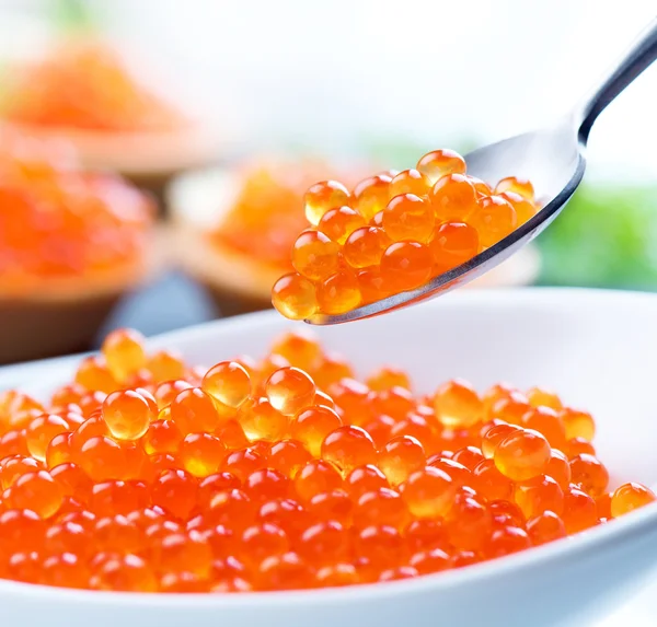 Caviar. Caviar rojo en cuchara —  Fotos de Stock