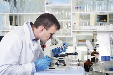 Laboratuvarda mikroskopla inceleyen bilim adamları