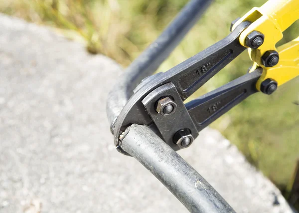 Electrician bites power cord by cutter — Stock Photo, Image