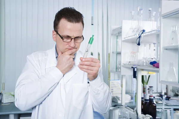 Cientista que observa o tubo de ensaio no laboratório — Fotografia de Stock