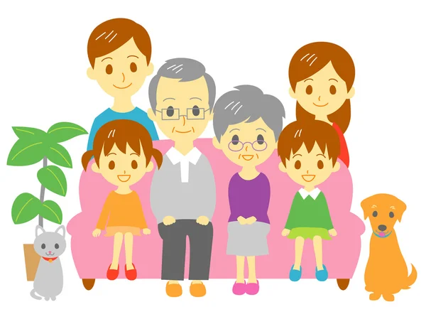 Familia, sofá, familia de tres generaciones — Vector de stock