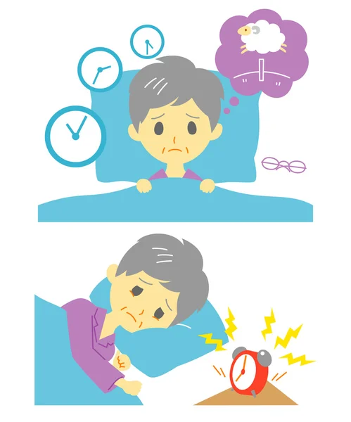 Schlaflosigkeit, Schlaflosigkeit, alte Frau — Stockvektor