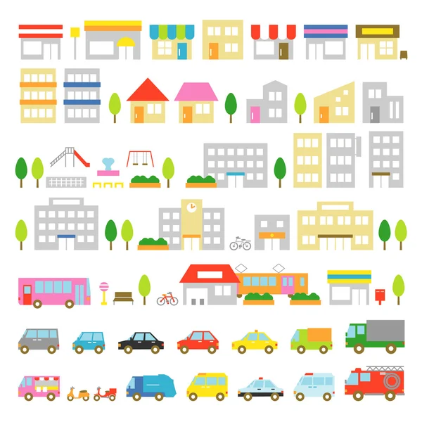 Ikonja Town tárolja a járművek házak — Stock Vector