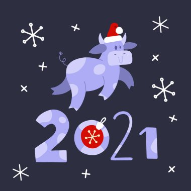 Komik boğa. 2021 'in sembolü. Boğa yılı. Çizgi film tarzında Şirin İnek illüstrasyonu. Mutlu Noeller ve mutlu yıllar! Tebrik kartı.