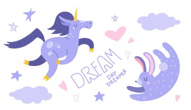 Sevimli tek boynuzlu at ve tavşanlı düz çizgi film çizimi, el çizimi tarzı. Beyazda izole edilmiş. Hassas, rüya gibi bir ruh hali, pastel renkler.