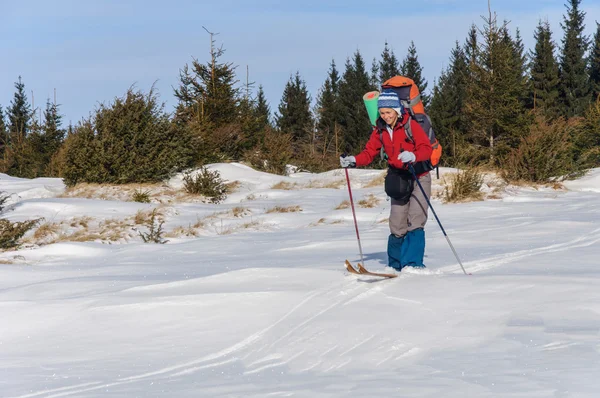 Een vrouw cross country skiën in de bergen Stockfoto